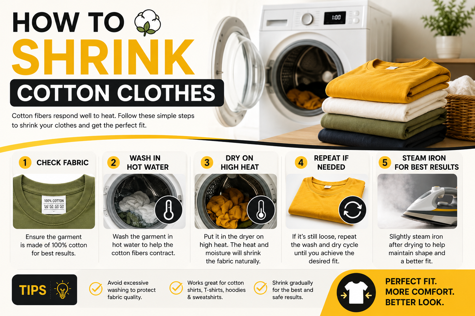 Step-by-step infographic showing how to shrink cotton clothes using hot water, high-heat drying, and steam ironing for the perfect fit.
