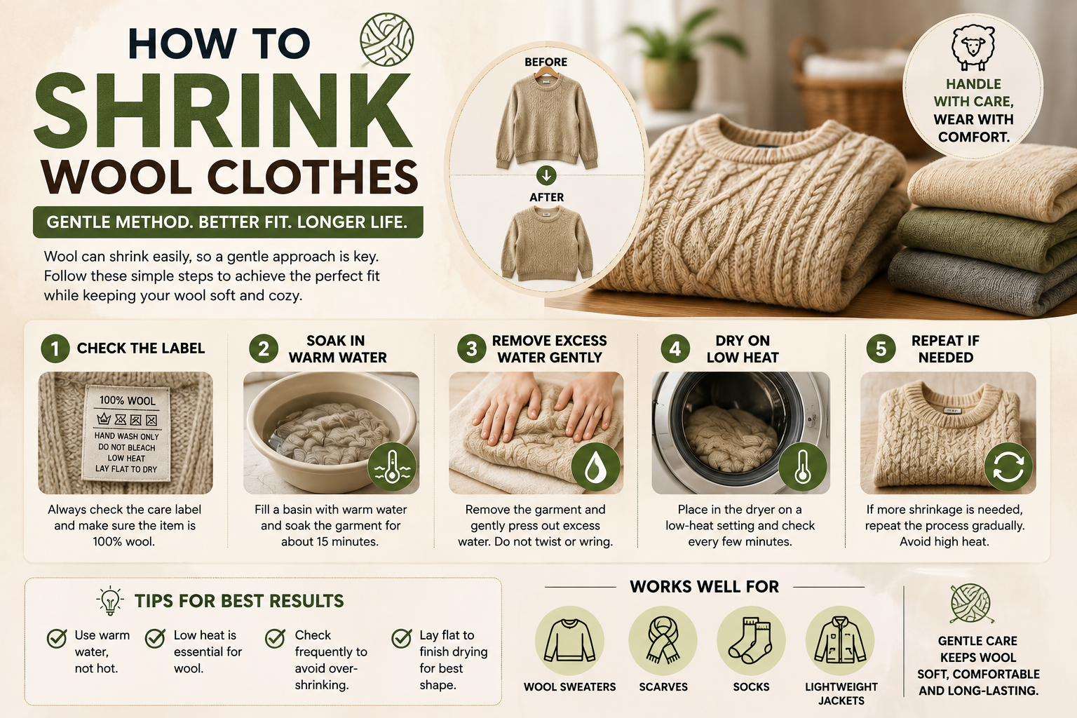 Step-by-step infographic showing how to shrink wool clothes safely using warm water, low heat, and gentle care techniques for wool sweaters and garments.
