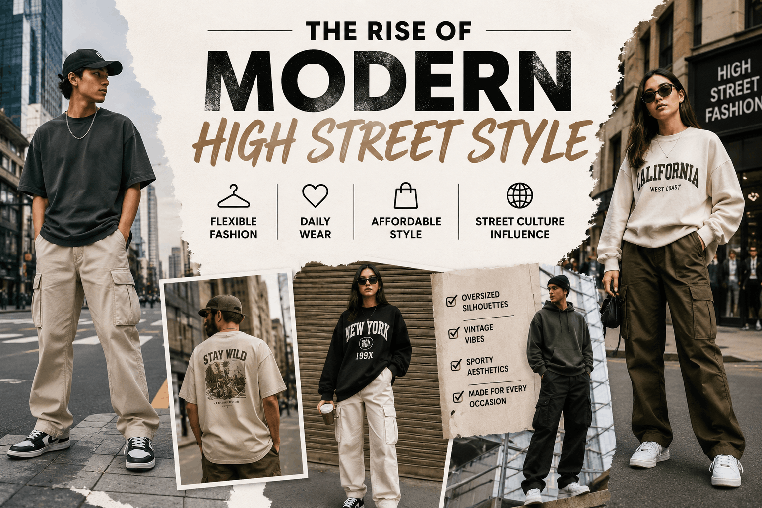 Modern high street fashion collage featuring oversized streetwear outfits, cargo pants, sweatshirts, and urban casual style models in a city environment.