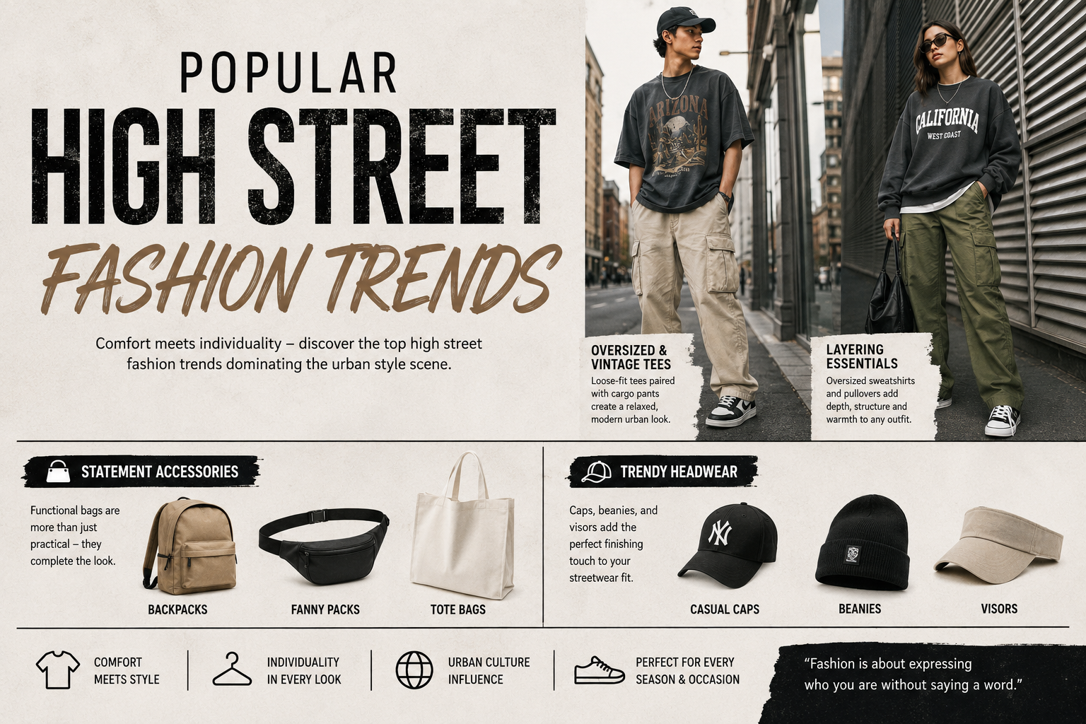 Modern high street fashion infographic featuring oversized t-shirts, cargo pants, layered sweatshirts, trendy backpacks, tote bags, caps, and beanies in urban streetwear style.